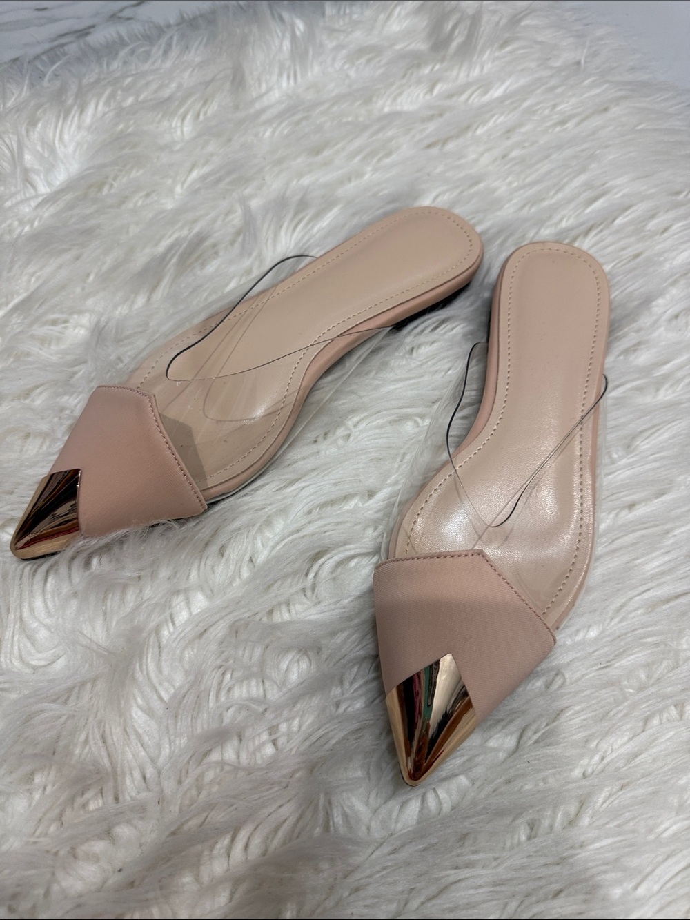 Nude Pointed Toe Slide Mules with Metallic Cap